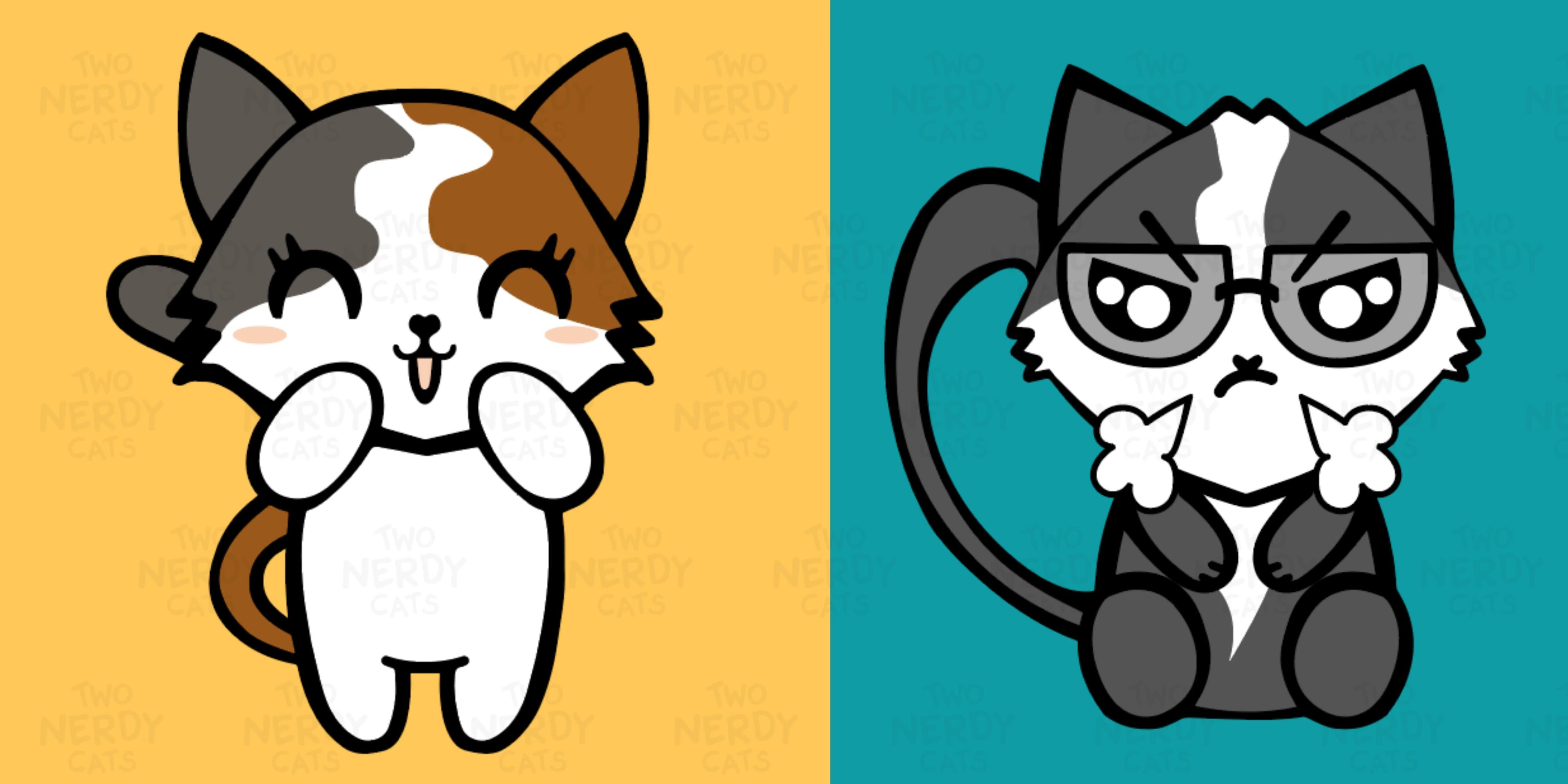 Two Nerdy Cats banner with calico Cece and tuxedo cat Dom
