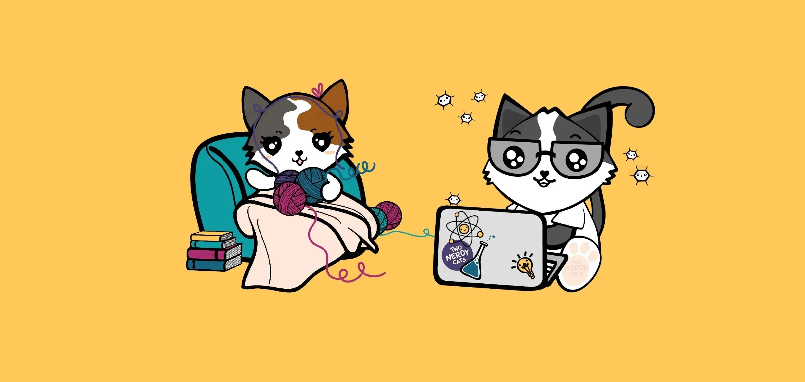 Two Nerdy Cats banner with calico crocheting and tuxedo cat on laptop